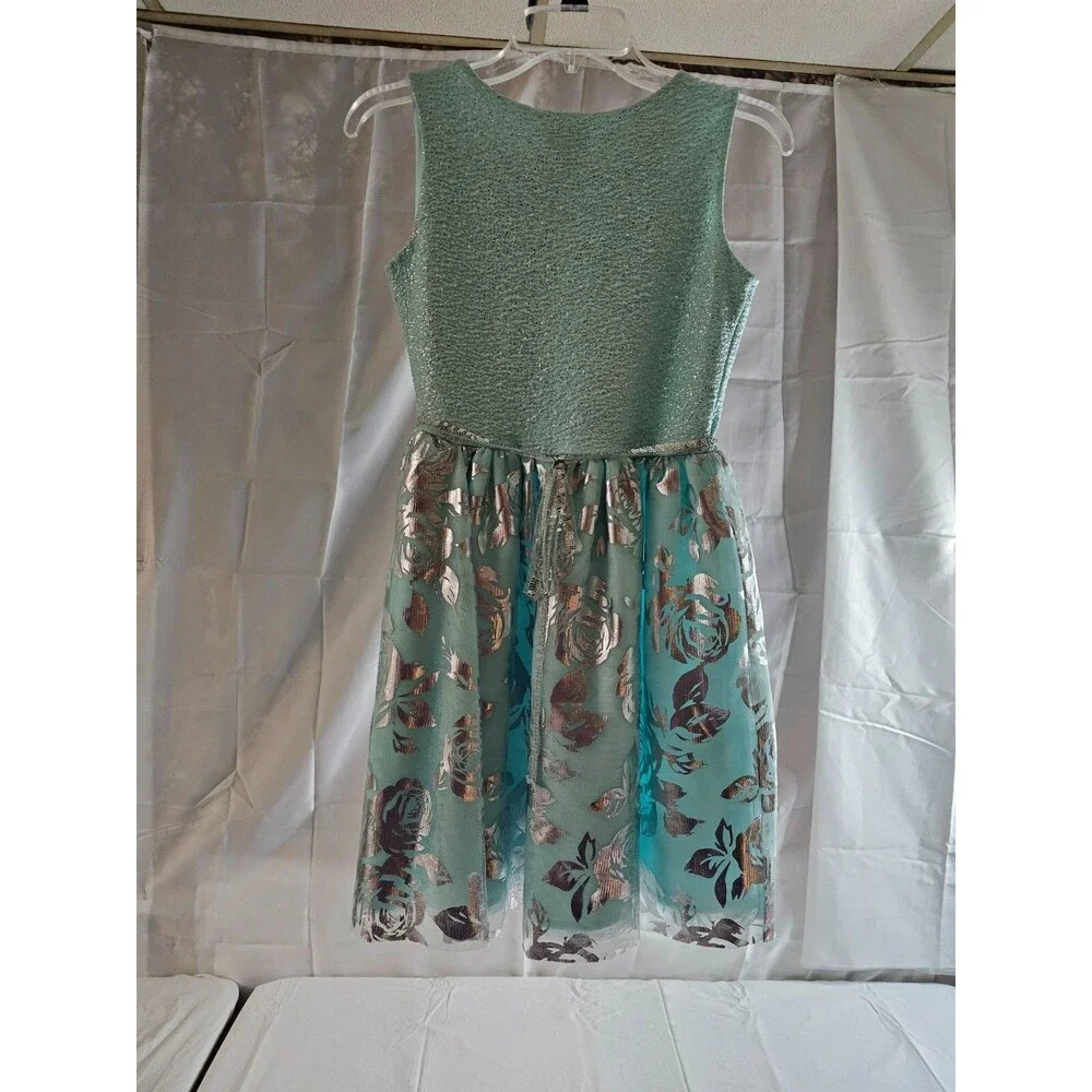 The Children's Place Silver Sparkles Flower Green Dress - Girls Size 14